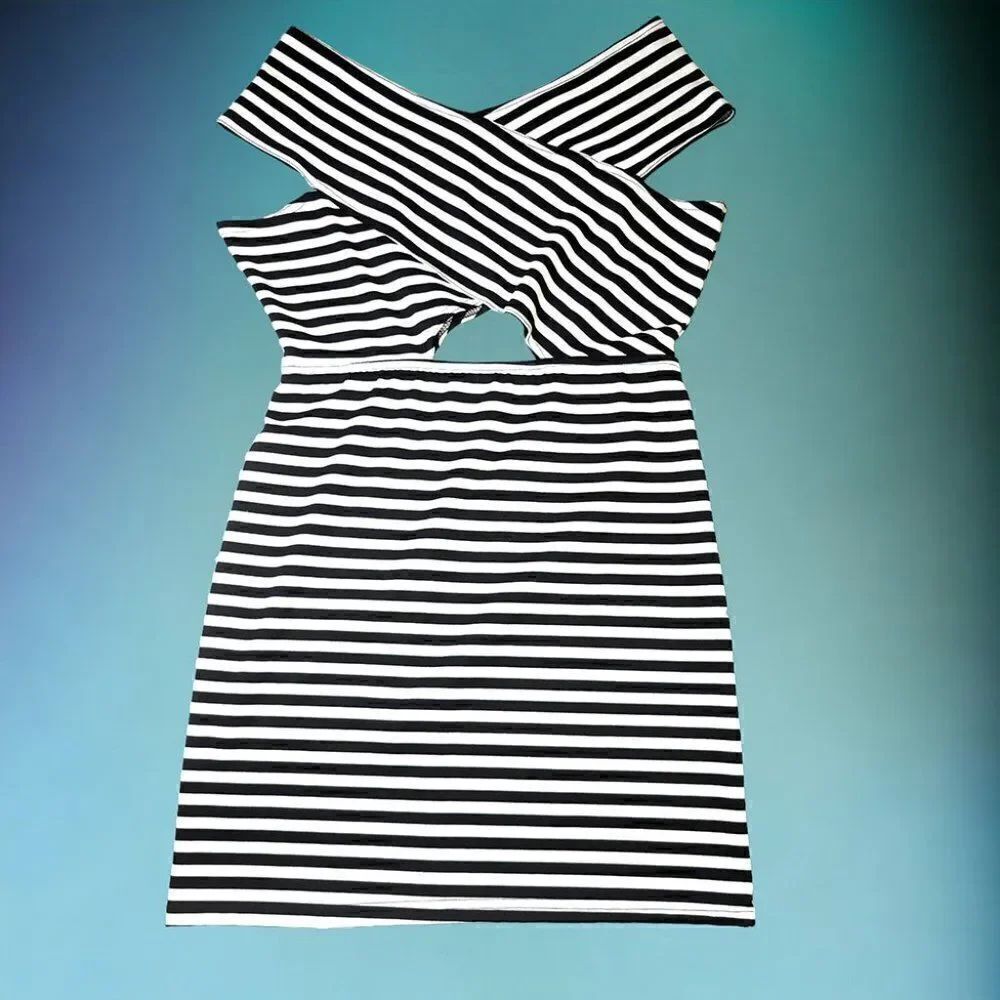 Valia black white stripes criss-cross cut out dress